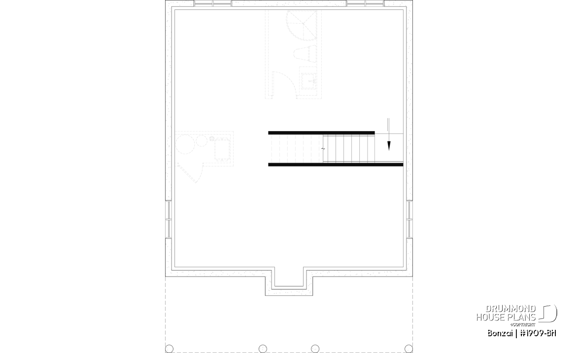 Unfinished basement (Optional $) - Modern small home or cabin plan with a charming covered front balcony, 2 bedrooms, central fireplace - Bonzai