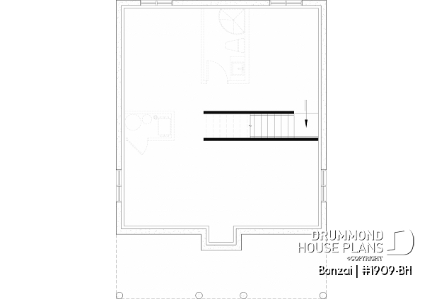 Unfinished basement (Optional $) - Modern small home or cabin plan with a charming covered front balcony, 2 bedrooms, central fireplace - Bonzai