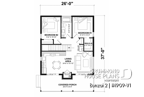 1st level - Small rustic cottage or cabin house plan offering lots of natural light and a fully finished walkout basement - Bonzai 2