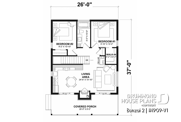 1st level - Small rustic cottage or cabin house plan offering lots of natural light and a fully finished walkout basement - Bonzai 2