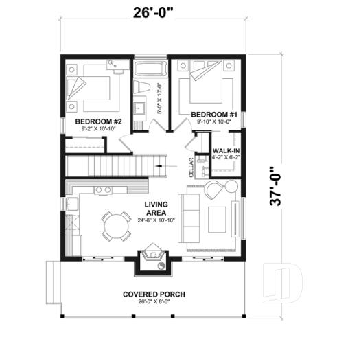 1st level - Modern small cottage-style home plan with finished walkout basement, offering beautiful natural light - Bonzai 2