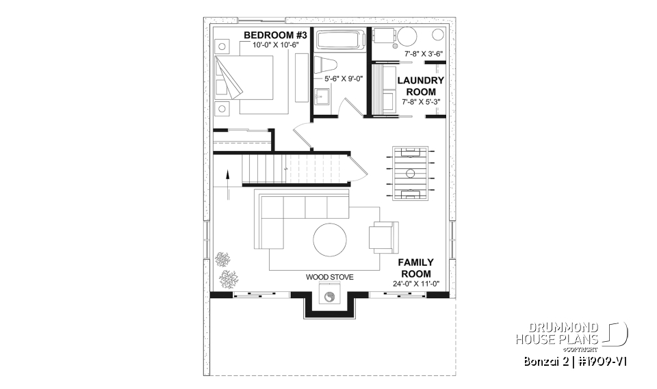 Basement - Modern small cottage-style home plan with finished walkout basement, offering beautiful natural light - Bonzai 2