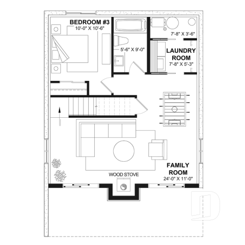Basement - Modern small cottage-style home plan with finished walkout basement, offering beautiful natural light - Bonzai 2