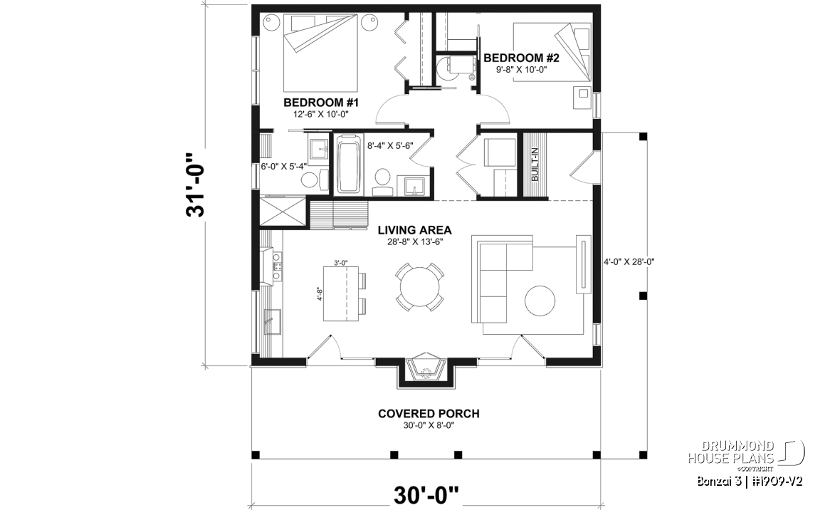 1st level - Small modern cabin plan with 2 bedrooms, 930 sq. ft., central fireplace, and warm contemporary style - Bonzai 3
