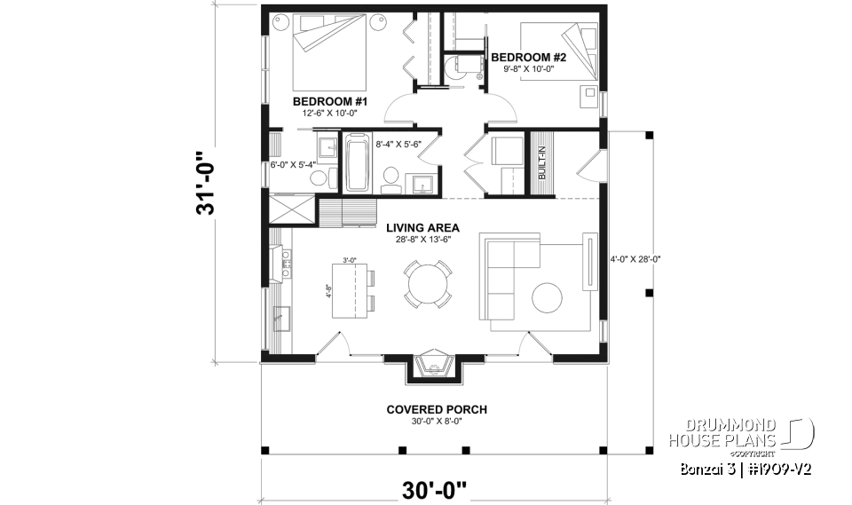 1st level - Small modern cabin plan with 2 bedrooms, 930 sq. ft., central fireplace, and warm contemporary style - Bonzai 3