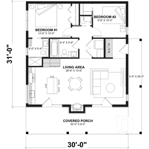 1st level - Small modern cabin plan with 2 bedrooms, 930 sq. ft., central fireplace, and warm contemporary style - Bonzai 3