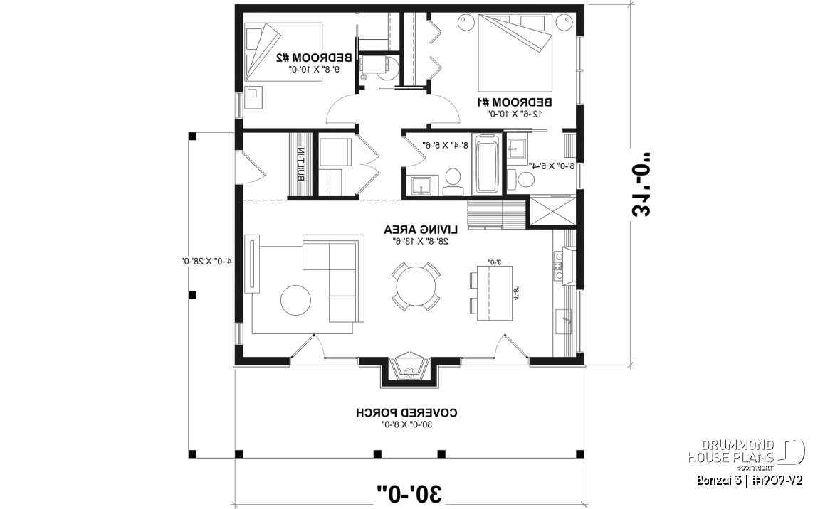 1st level - Small modern cabin plan with 2 bedrooms, 930 sq. ft., central fireplace, and warm contemporary style - Bonzai 3