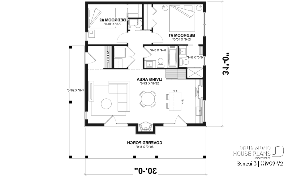 1st level - Small modern cabin plan with 2 bedrooms, 930 sq. ft., central fireplace, and warm contemporary style - Bonzai 3