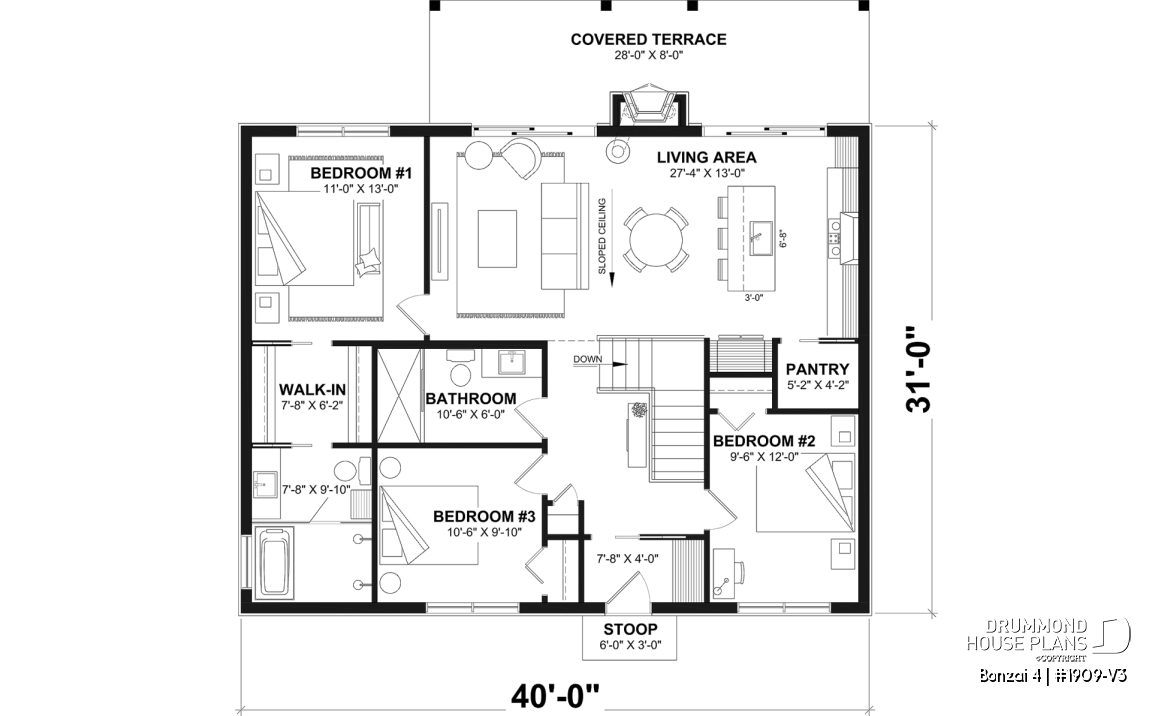 1st level - Basement foundation (Optional $) - Modern single-story cottage plan with 3 bedrooms, slab foundation and outdoor fireplace - Bonzai 4