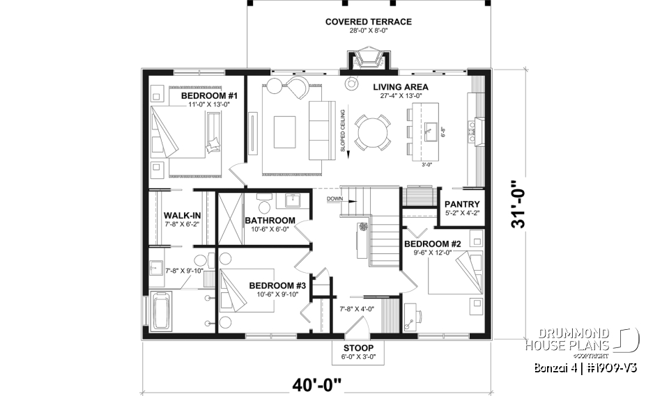 1st level - Basement foundation (Optional $) - Modern single-story cottage plan with 3 bedrooms, slab foundation and outdoor fireplace - Bonzai 4