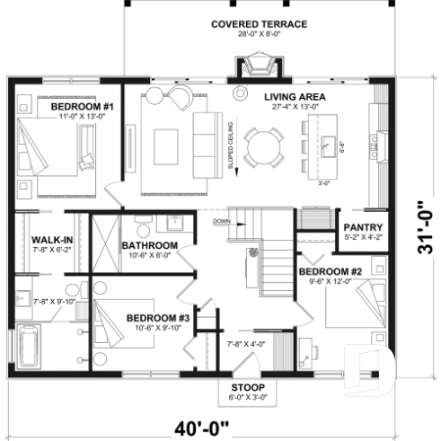 1st level - Basement foundation (Optional $) - Modern single-story cottage plan with 3 bedrooms, slab foundation and outdoor fireplace - Bonzai 4