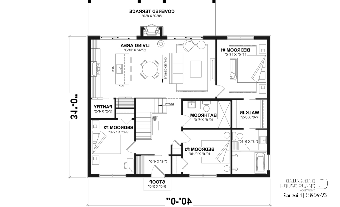 1st level - Basement foundation (Optional $) - Modern single-story cottage plan with 3 bedrooms, slab foundation and outdoor fireplace - Bonzai 4