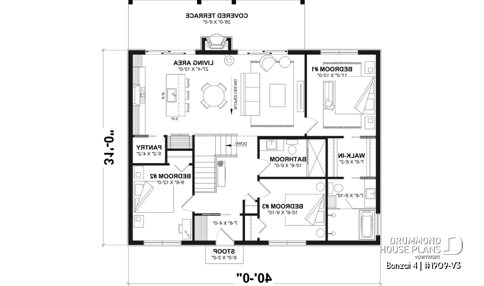 1st level - Basement foundation (Optional $) - Modern single-story cottage plan with 3 bedrooms, slab foundation and outdoor fireplace - Bonzai 4