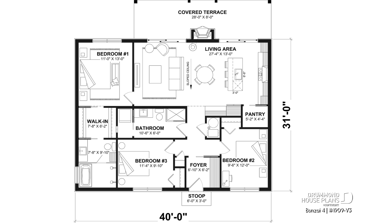 1st level - Slab foundation - Modern single-story cottage plan with 3 bedrooms, slab foundation and outdoor fireplace - Bonzai 4