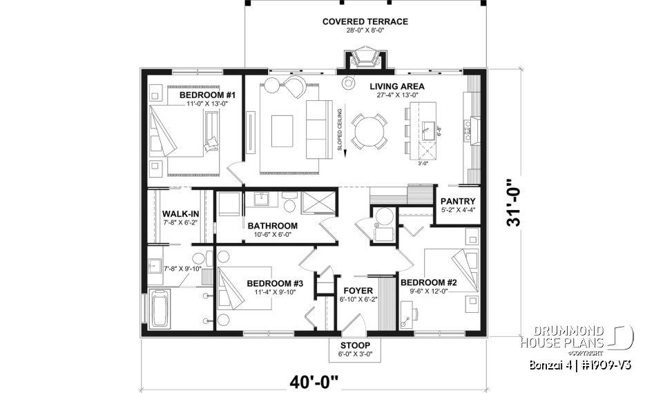 1st level - Slab foundation - Modern single-story cottage plan with 3 bedrooms, slab foundation and outdoor fireplace - Bonzai 4