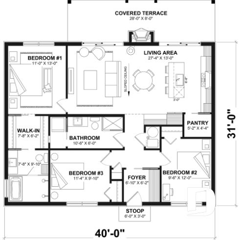 1st level - Slab foundation - Modern single-story cottage plan with 3 bedrooms, slab foundation and outdoor fireplace - Bonzai 4