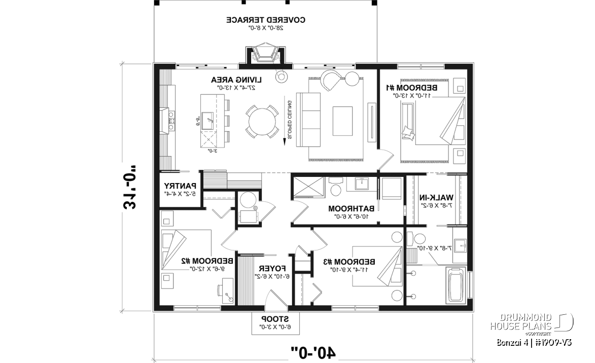 1st level - Slab foundation - Modern single-story cottage plan with 3 bedrooms, slab foundation and outdoor fireplace - Bonzai 4