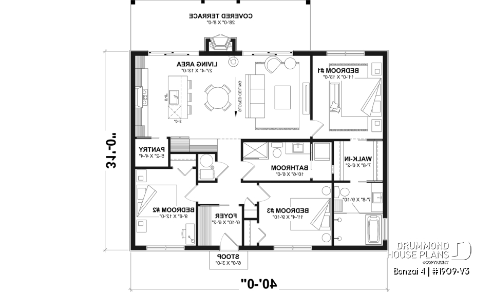 1st level - Slab foundation - Modern single-story cottage plan with 3 bedrooms, slab foundation and outdoor fireplace - Bonzai 4