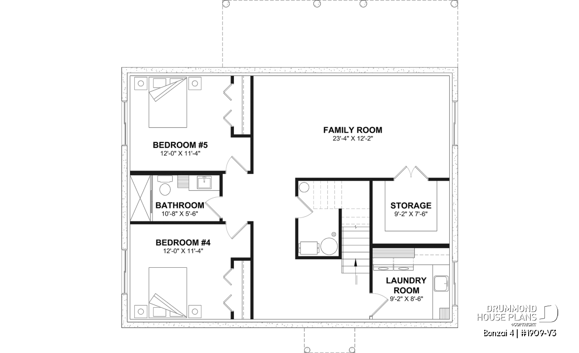 Finished basement (Optional $) - Modern single-story cottage plan with 3 bedrooms, slab foundation and outdoor fireplace - Bonzai 4