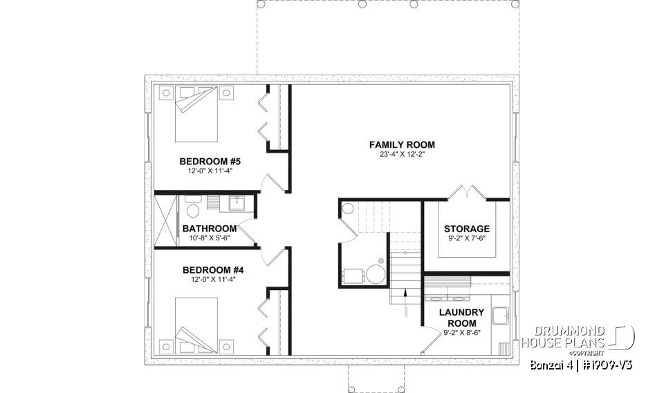 Finished basement (Optional $) - Modern single-story cottage plan with 3 bedrooms, slab foundation and outdoor fireplace - Bonzai 4