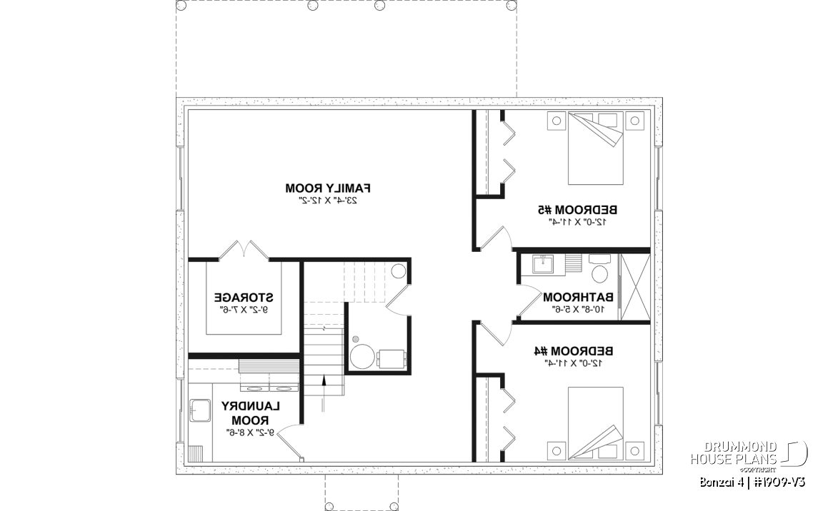 Finished basement (Optional $) - Modern single-story cottage plan with 3 bedrooms, slab foundation and outdoor fireplace - Bonzai 4