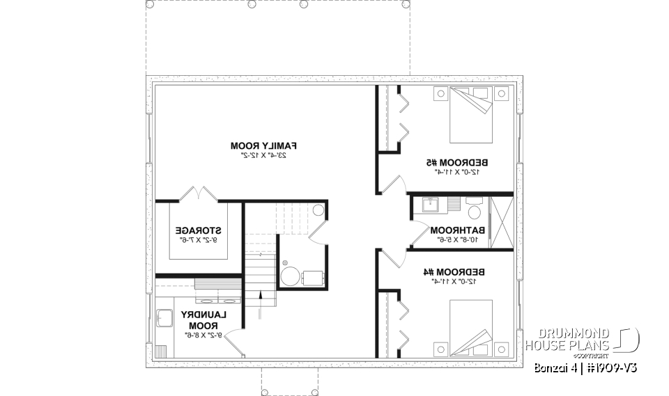 Finished basement (Optional $) - Modern single-story cottage plan with 3 bedrooms, slab foundation and outdoor fireplace - Bonzai 4