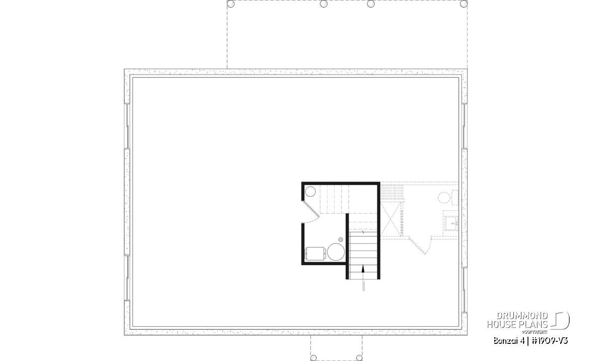 Unfinished basement (Optional $) - Modern single-story cottage plan with 3 bedrooms, slab foundation and outdoor fireplace - Bonzai 4