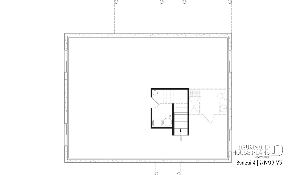 Unfinished basement (Optional $) - Modern single-story cottage plan with 3 bedrooms, slab foundation and outdoor fireplace - Bonzai 4