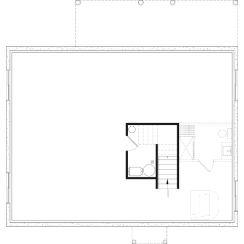 Unfinished basement (Optional $) - Modern single-story cottage plan with 3 bedrooms, slab foundation and outdoor fireplace - Bonzai 4
