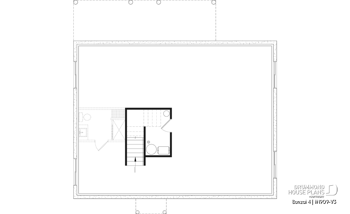 Unfinished basement (Optional $) - Modern single-story cottage plan with 3 bedrooms, slab foundation and outdoor fireplace - Bonzai 4