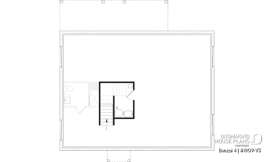 Unfinished basement (Optional $) - Modern single-story cottage plan with 3 bedrooms, slab foundation and outdoor fireplace - Bonzai 4