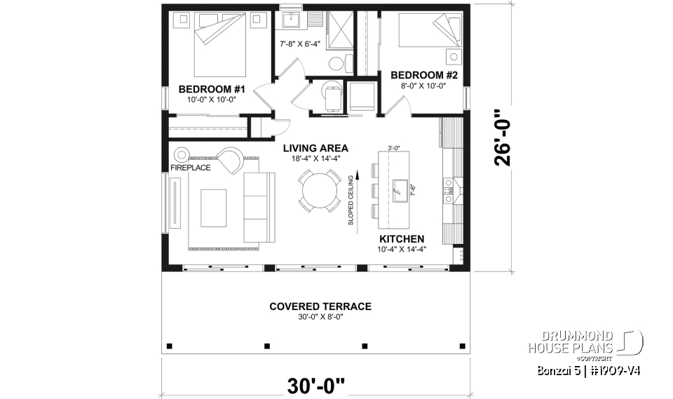 1st level - Affordable modern single-story cottage plan with 2 bedrooms and large covered deck - Bonzai 5