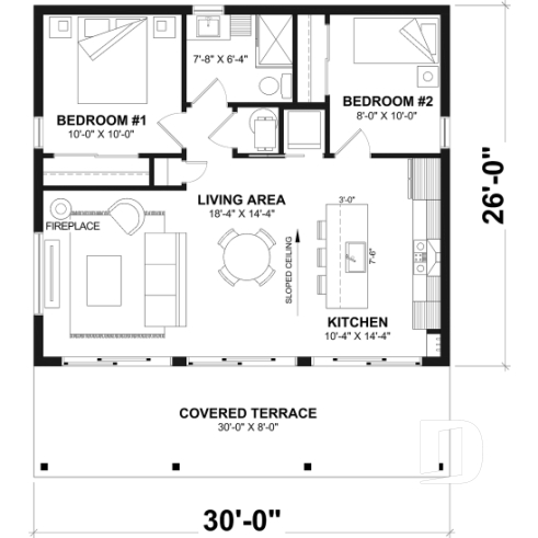 1st level - Affordable modern single-story cottage plan with 2 bedrooms and large covered deck - Bonzai 5