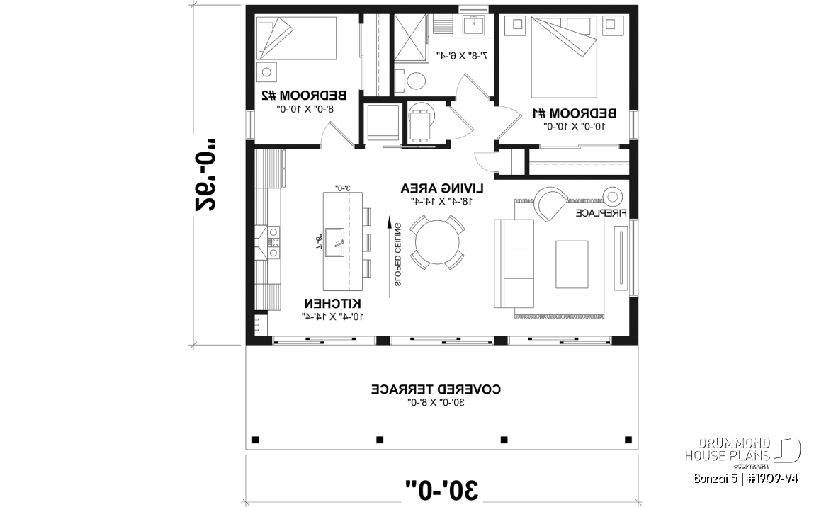 1st level - Affordable modern single-story cottage plan with 2 bedrooms and large covered deck - Bonzai 5