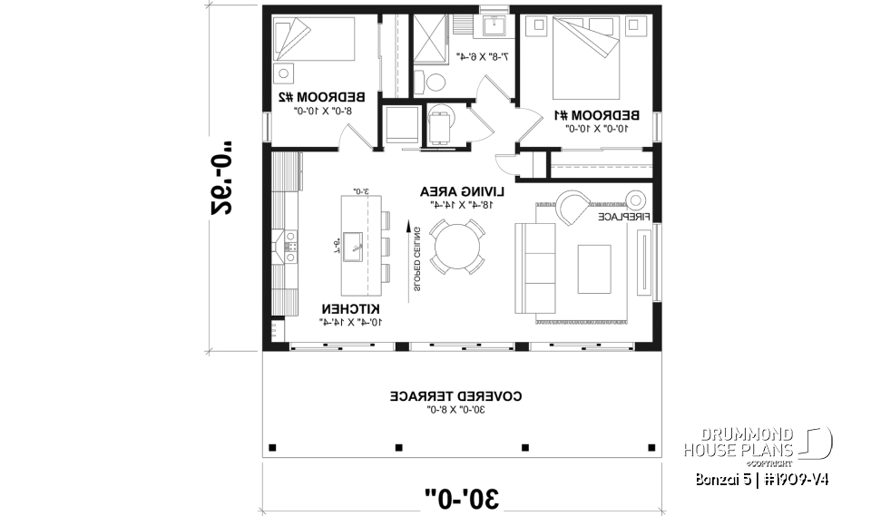 1st level - Affordable modern single-story cottage plan with 2 bedrooms and large covered deck - Bonzai 5