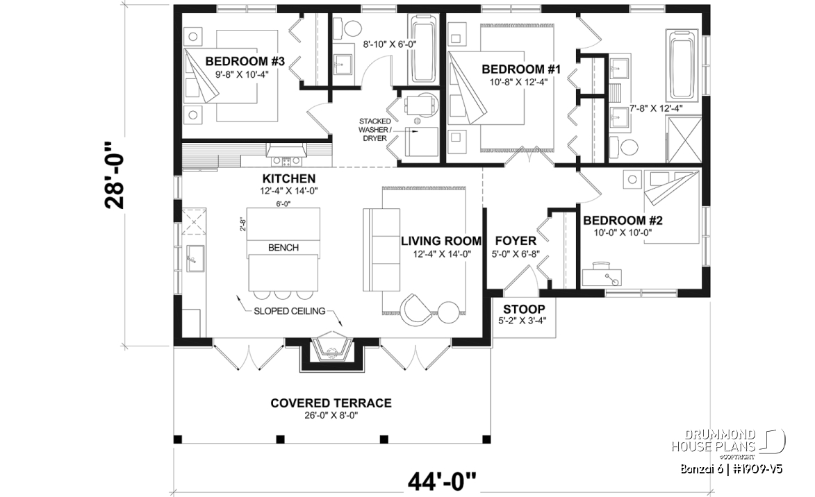1st level - Modern rustic single-story cottage plan with 3 bedrooms, central fireplace,slab foundation and covered terrace - Bonzai 6
