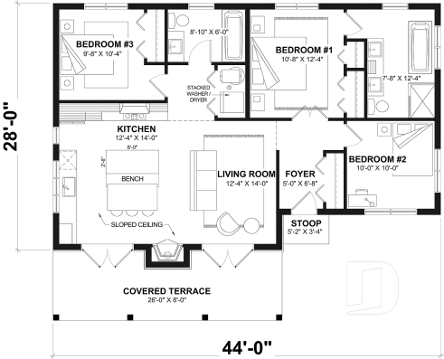 1st level - Modern rustic single-story cottage plan with 3 bedrooms, central fireplace,slab foundation and covered terrace - Bonzai 6