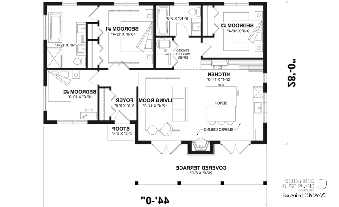 1st level - Modern rustic single-story cottage plan with 3 bedrooms, central fireplace,slab foundation and covered terrace - Bonzai 6