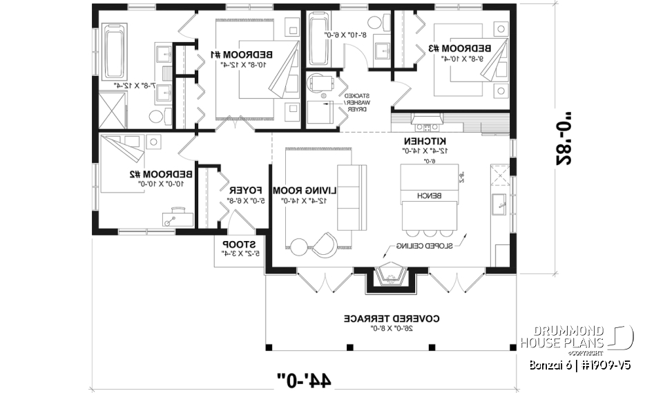 1st level - Modern rustic single-story cottage plan with 3 bedrooms, central fireplace,slab foundation and covered terrace - Bonzai 6