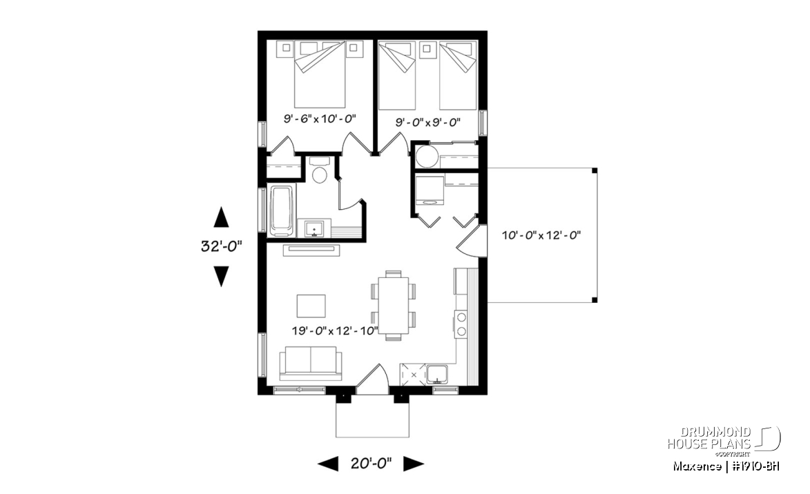 1st level - Small affordable modern 2 bedroom home plan, open kitchen and family room, side deck - Maxence