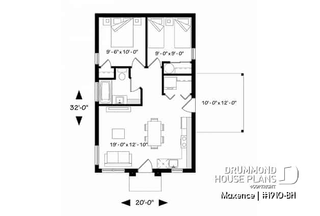 1st level - Small affordable modern 2 bedroom home plan, open kitchen and family room, side deck - Maxence