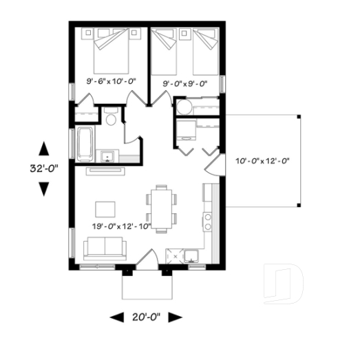 1st level - Small affordable modern 2 bedroom home plan, open kitchen and family room, side deck - Maxence