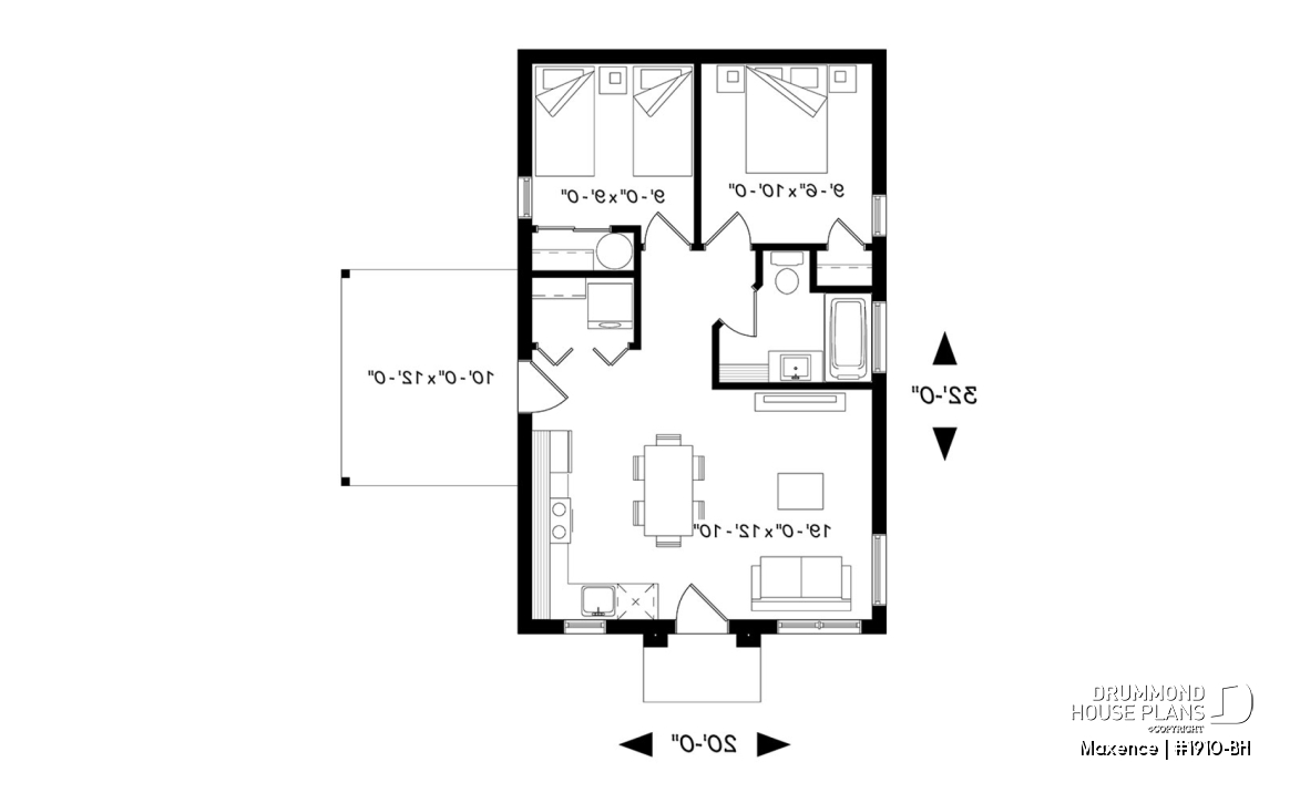 1st level - Small affordable modern 2 bedroom home plan, open kitchen and family room, side deck - Maxence