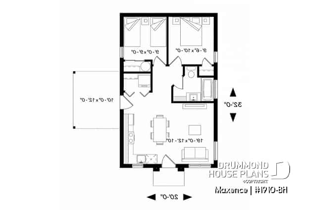 1st level - Small affordable modern 2 bedroom home plan, open kitchen and family room, side deck - Maxence