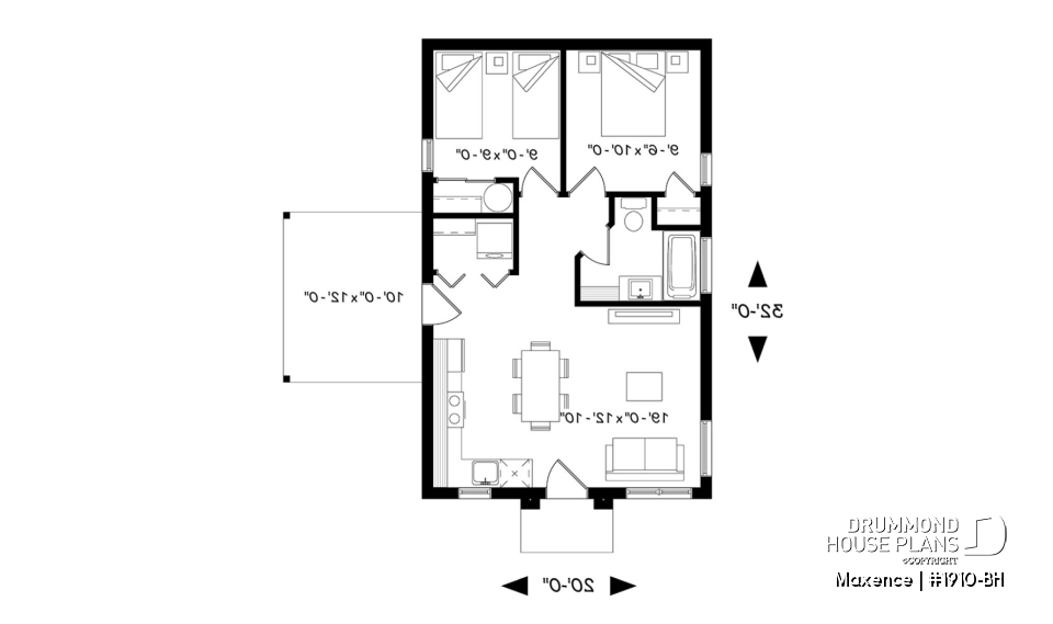1st level - Small affordable modern 2 bedroom home plan, open kitchen and family room, side deck - Maxence