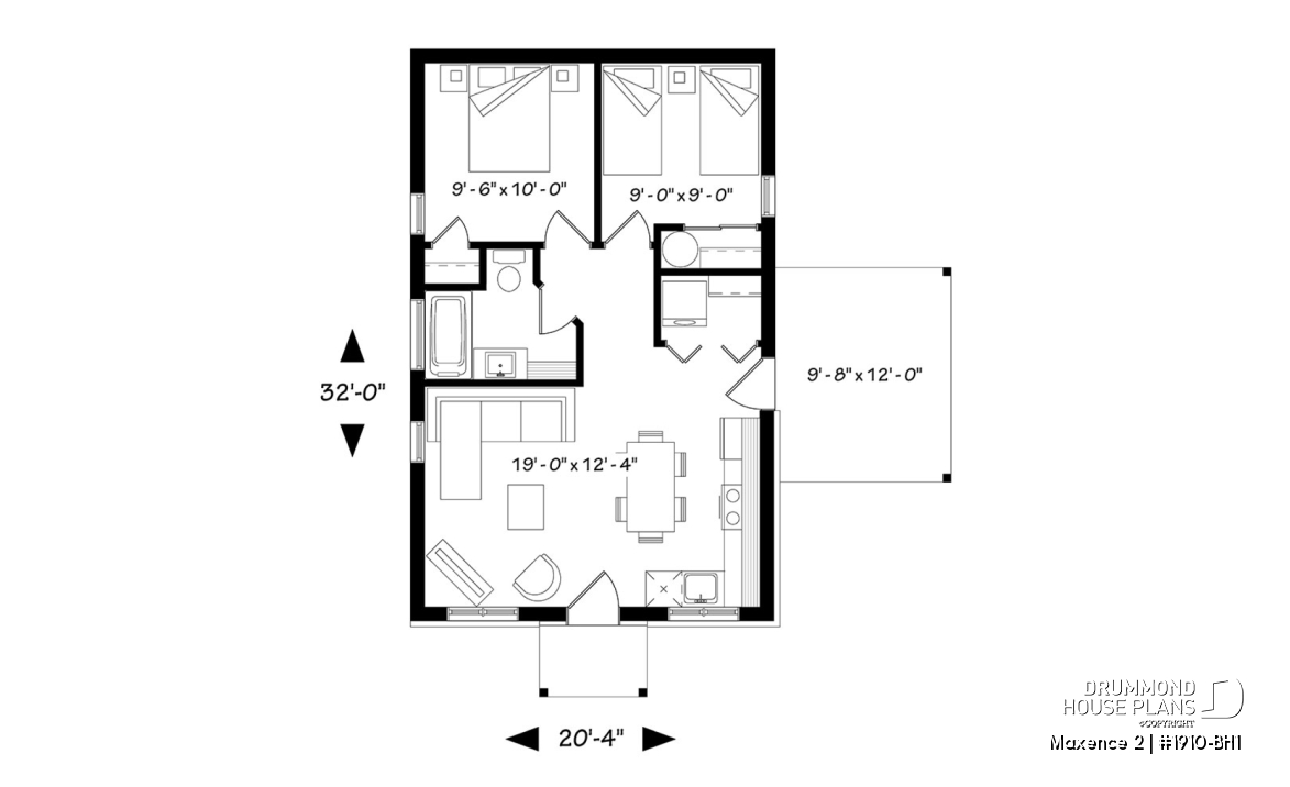 1st level - Small modern rustic 2 bedroom home plans, open kitchen and family room, large side covered deck - Maxence 2