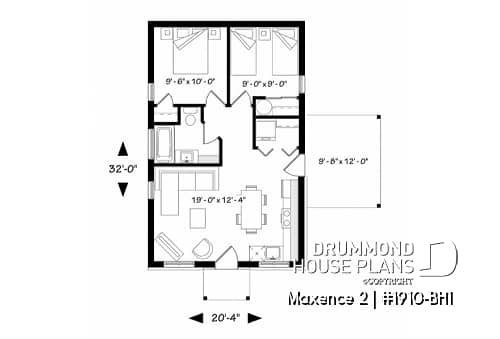1st level - Small modern rustic 2 bedroom home plans, open kitchen and family room, large side covered deck - Maxence 2