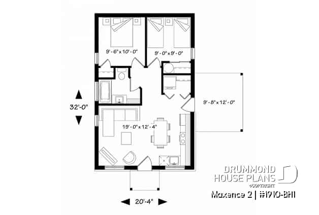 1st level - Small modern rustic 2 bedroom home plans, open kitchen and family room, large side covered deck - Maxence 2