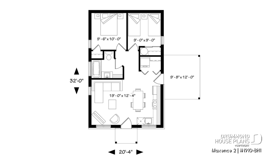 1st level - Small modern rustic 2 bedroom home plans, open kitchen and family room, large side covered deck - Maxence 2