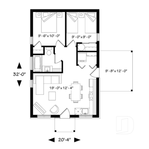 1st level - Small modern rustic 2 bedroom home plans, open kitchen and family room, large side covered deck - Maxence 2